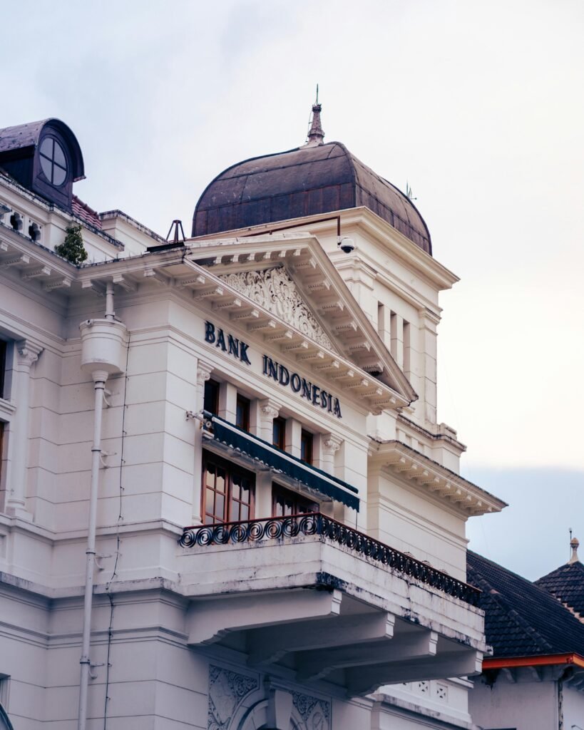 A detailed view of the classic architecture of Bank Indonesia in Yogyakarta.