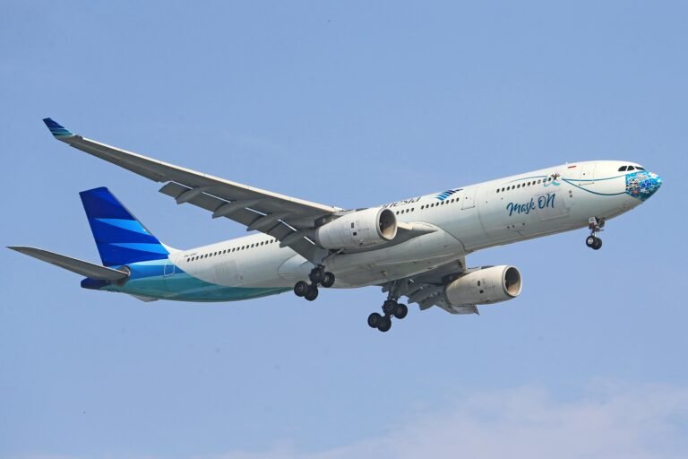 Garuda Indonesia aircraft in flight captured against a clear blue sky, showcasing aviation and travel themes.