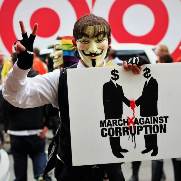 A protester wears a Guy Fawkes mask holding a sign at a rally against corruption in Washington, DC.