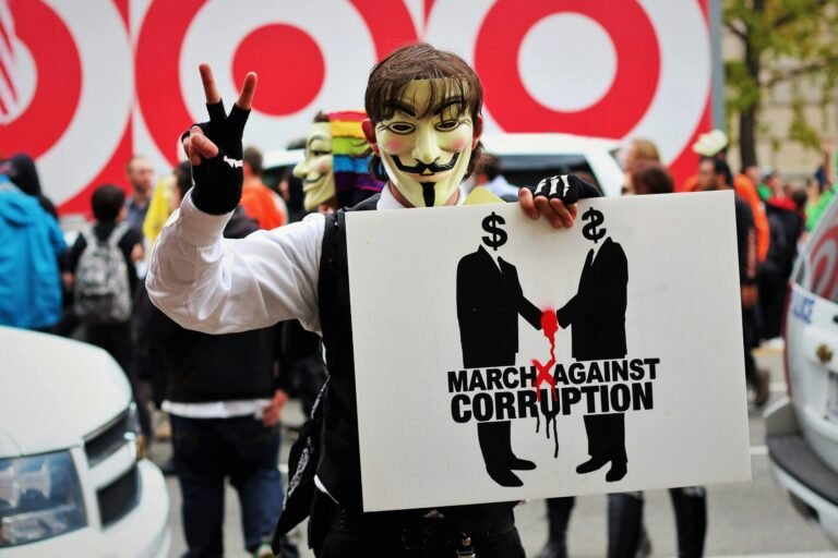 A protester wears a Guy Fawkes mask holding a sign at a rally against corruption in Washington, DC.